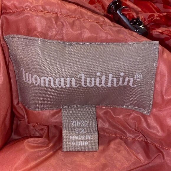 Woman Within Wms Sz 3X 30/32 Coral Red Heart Print Full Zip Packable Puffer Vest - Picture 6 of 6